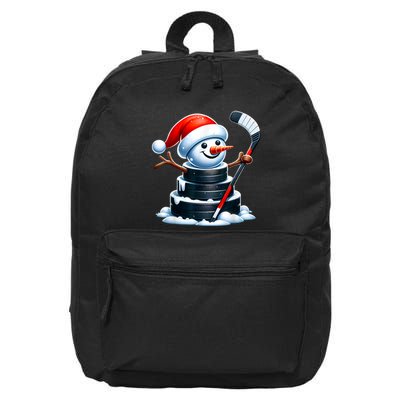 Cartoon Ice Hockey Puck Snowman With Santa Hat Christmas 16 in Basic Backpack