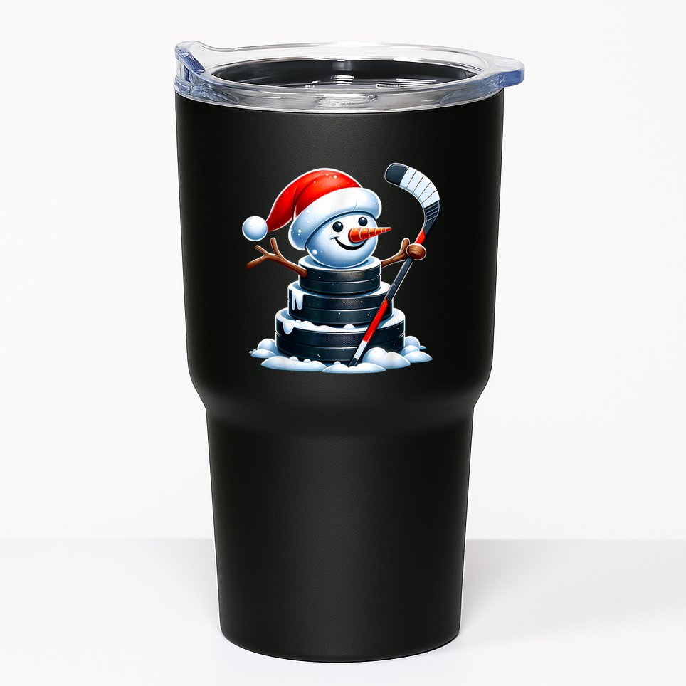 Cartoon Ice Hockey Puck Snowman With Santa Hat Christmas Tumbler