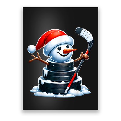 Cartoon Ice Hockey Puck Snowman With Santa Hat Christmas Poster