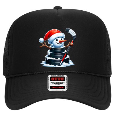 Cartoon Ice Hockey Puck Snowman With Santa Hat Christmas Trucker Hat