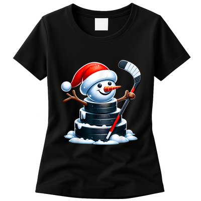 Cartoon Ice Hockey Puck Snowman With Santa Hat Christmas Womens T-Shirt