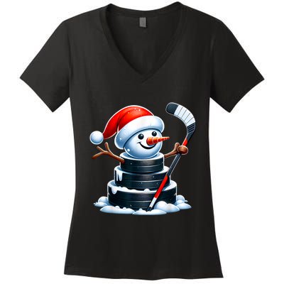 Cartoon Ice Hockey Puck Snowman With Santa Hat Christmas Women's V-Neck T-Shirt