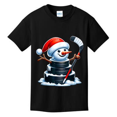 Cartoon Ice Hockey Puck Snowman With Santa Hat Christmas Kids T-Shirt