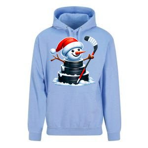 Cartoon Ice Hockey Puck Snowman With Santa Hat Christmas Unisex Surf Hoodie