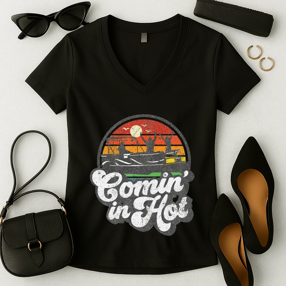 Comin In Hot Pontoon Boat Funny Boating Lake Pontooning Gift Women's V-Neck T-Shirt