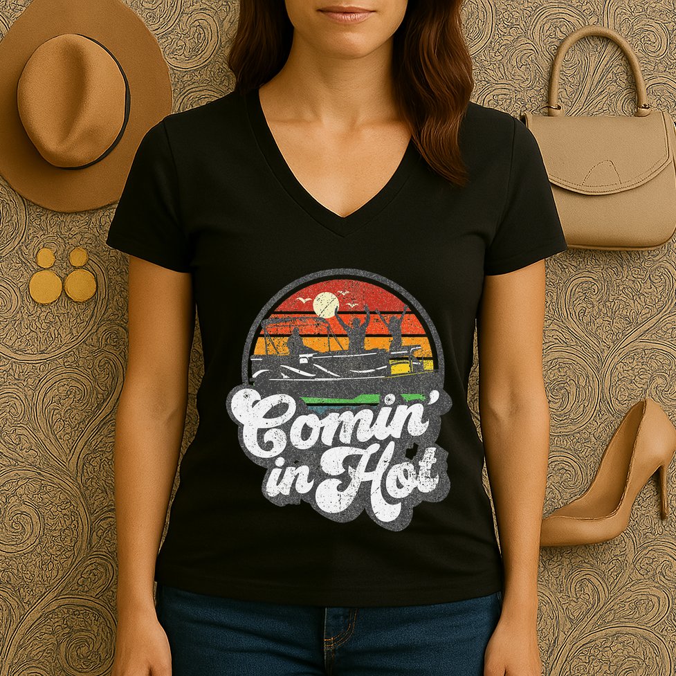Comin In Hot Pontoon Boat Funny Boating Lake Pontooning Gift Women's V-Neck T-Shirt