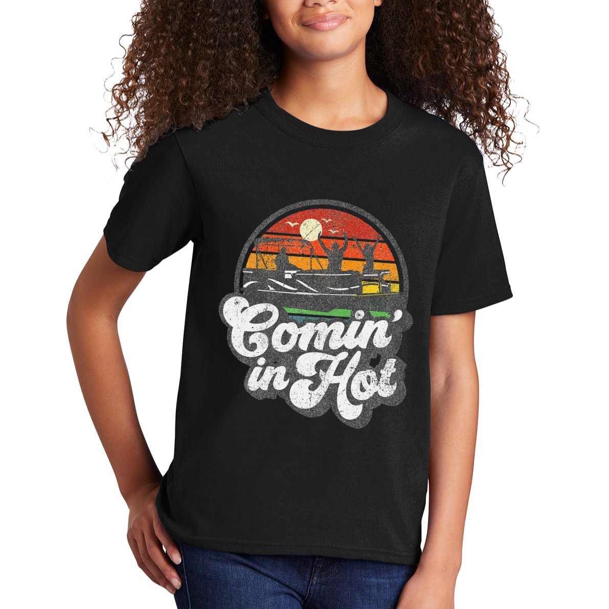 Comin In Hot Pontoon Boat Funny Boating Lake Pontooning Gift Kids T-Shirt