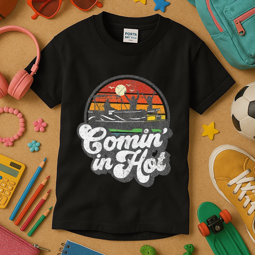 Comin In Hot Pontoon Boat Funny Boating Lake Pontooning Gift Kids T-Shirt