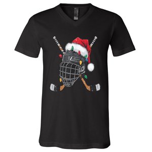 Christmas Ice Hockey Helmet Santa Xmas V-Neck T-Shirt