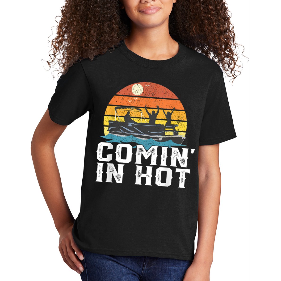 Comin In Hot Pontoon Boat Funny Boating Lake For Dad Kids T-Shirt