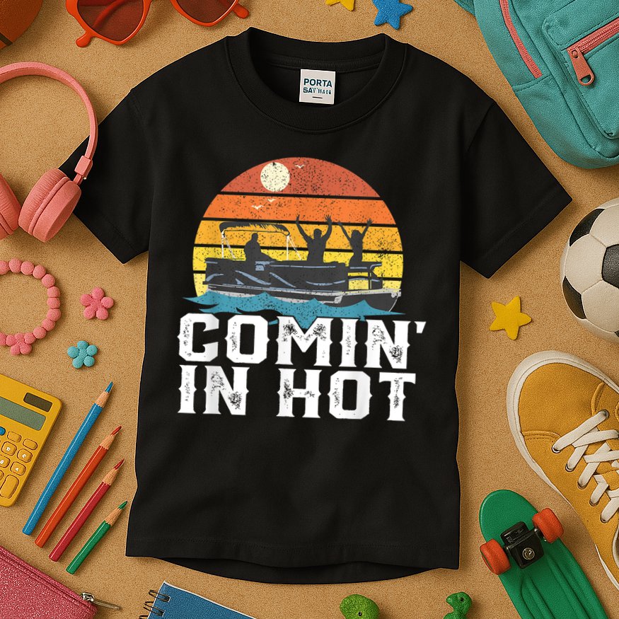 Comin In Hot Pontoon Boat Funny Boating Lake For Dad Kids T-Shirt