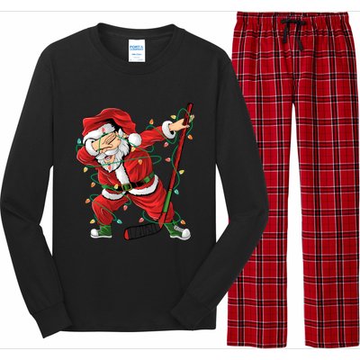 Christmas Ice Hockey Dabbing Santa Lights Xmas Hockey Player Gift Long Sleeve Pajama Set