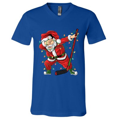 Christmas Ice Hockey Dabbing Santa Lights Xmas Hockey Player Gift V-Neck T-Shirt