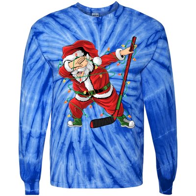 Christmas Ice Hockey Dabbing Santa Lights Xmas Hockey Player Gift Tie-Dye Long Sleeve Shirt