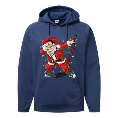 Christmas Ice Hockey Dabbing Santa Lights Xmas Hockey Player Gift Performance Fleece Hoodie