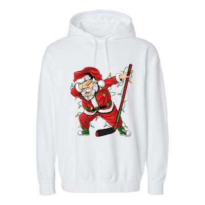 Christmas Ice Hockey Dabbing Santa Lights Xmas Hockey Player Gift Garment-Dyed Fleece Hoodie