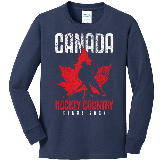 Canada Ice Hockey Sport Canadian Flag Vintage Kids Long Sleeve Shirt