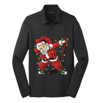 Christmas Ice Hockey Dabbing Santa Lights Xmas Hockey Player Cute Gift Silk Touch Performance Long Sleeve Polo