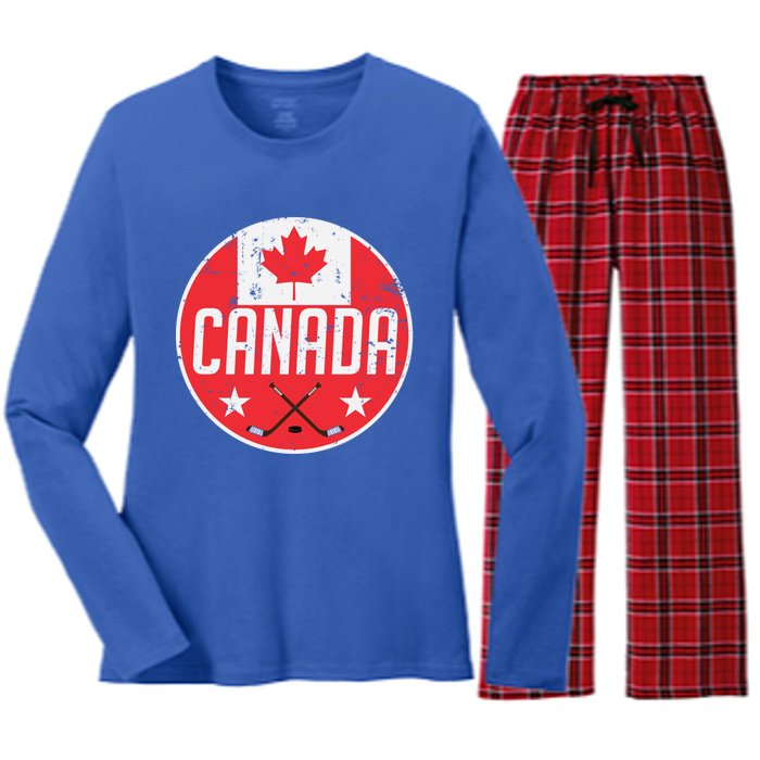 Canada Ice Hockey Flag Jersey Supporter Canadian Fan Gift Women's Long Sleeve Flannel Pajama Set 