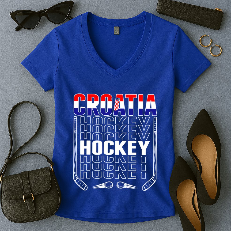 Croatia Ice Hockey Fans Jersey Croatian Flag Hockey Sticks Gift Women's V-Neck T-Shirt
