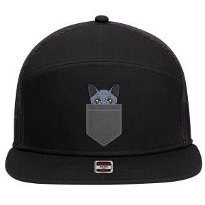 Cat In He Pocket Peeking Russian Blue Cat Mom Gifts 7 Panel Mesh Trucker Snapback Hat