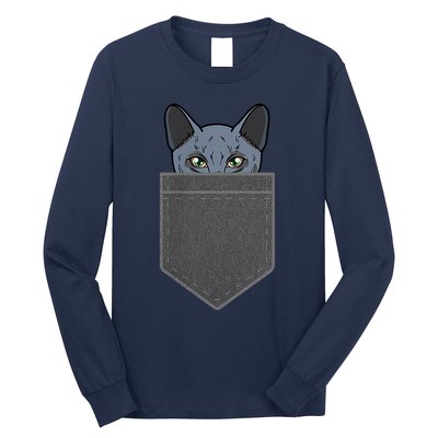 Cat In He Pocket Peeking Russian Blue Cat Mom Gifts Long Sleeve Shirt