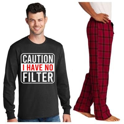 Caution I Have No Filter Funny Sarcastic Humor Women Men Long Sleeve Pajama Set