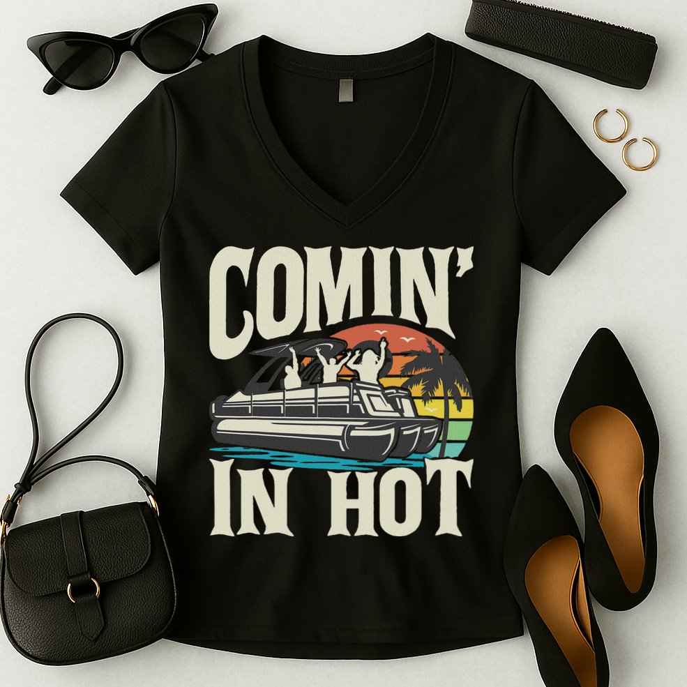 Comin In Hot Funny Pontoon Boat Pontooning Party Boat Women's V-Neck T-Shirt
