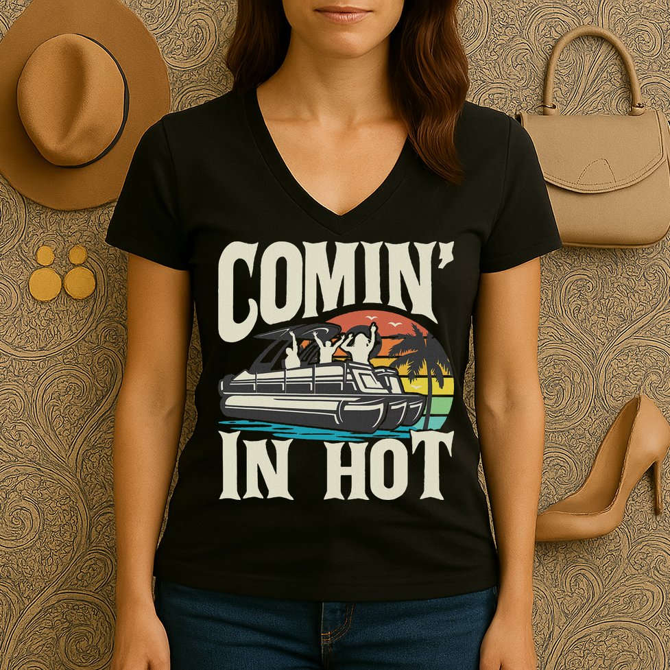 Comin In Hot Funny Pontoon Boat Pontooning Party Boat Women's V-Neck T-Shirt