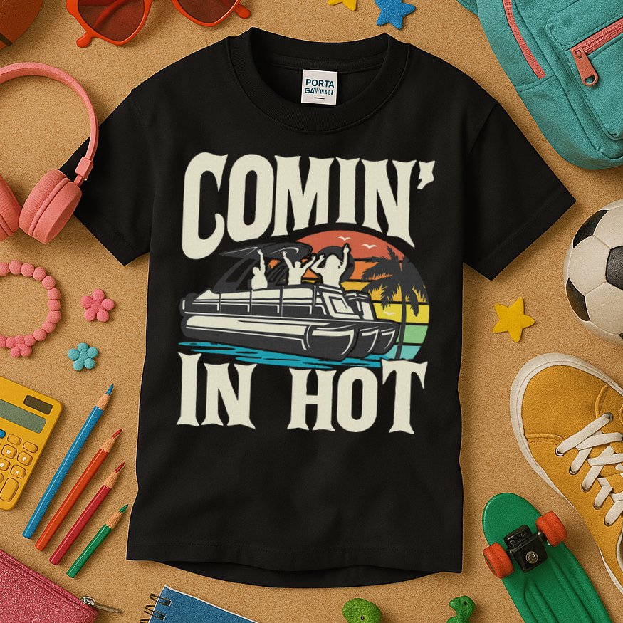 Comin In Hot Funny Pontoon Boat Pontooning Party Boat Kids T-Shirt