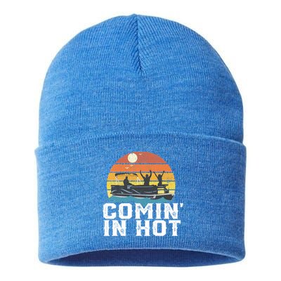 Comin In Hot Pontoon Boat Gif Funny Boating Lake Gift For Dad Gift Sustainable Knit Beanie