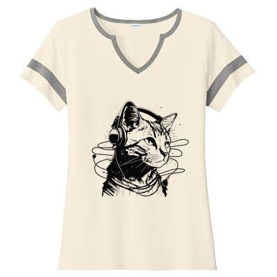 Cat in Headphones Funny Cat Gift Retro Vintage Funny Cat Ladies Halftime Notch Neck Tee