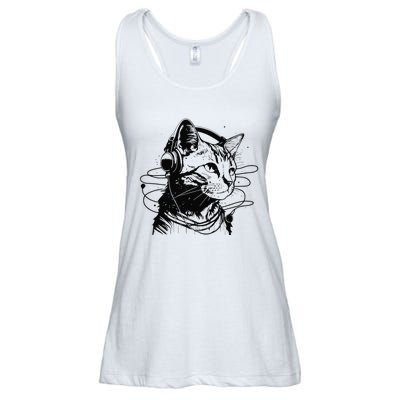 Cat in Headphones Funny Cat Gift Retro Vintage Funny Cat Ladies Essential Flowy Tank