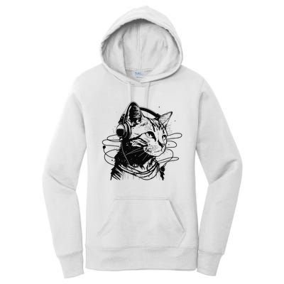 Cat in Headphones Funny Cat Gift Retro Vintage Funny Cat Women's Pullover Hoodie