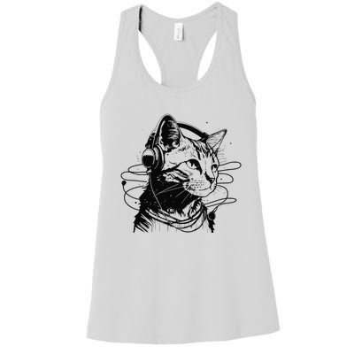 Cat in Headphones Funny Cat Gift Retro Vintage Funny Cat Women's Racerback Tank