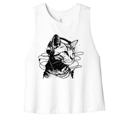 Cat in Headphones Funny Cat Gift Retro Vintage Funny Cat Women's Racerback Cropped Tank