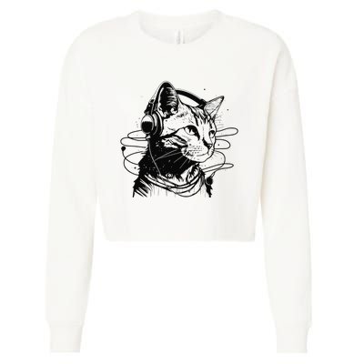 Cat in Headphones Funny Cat Gift Retro Vintage Funny Cat Cropped Pullover Crew