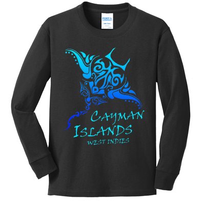 Cayman IslandsWest Indies Vintage Tribal Manta Ray Vacation Kids Long Sleeve Shirt