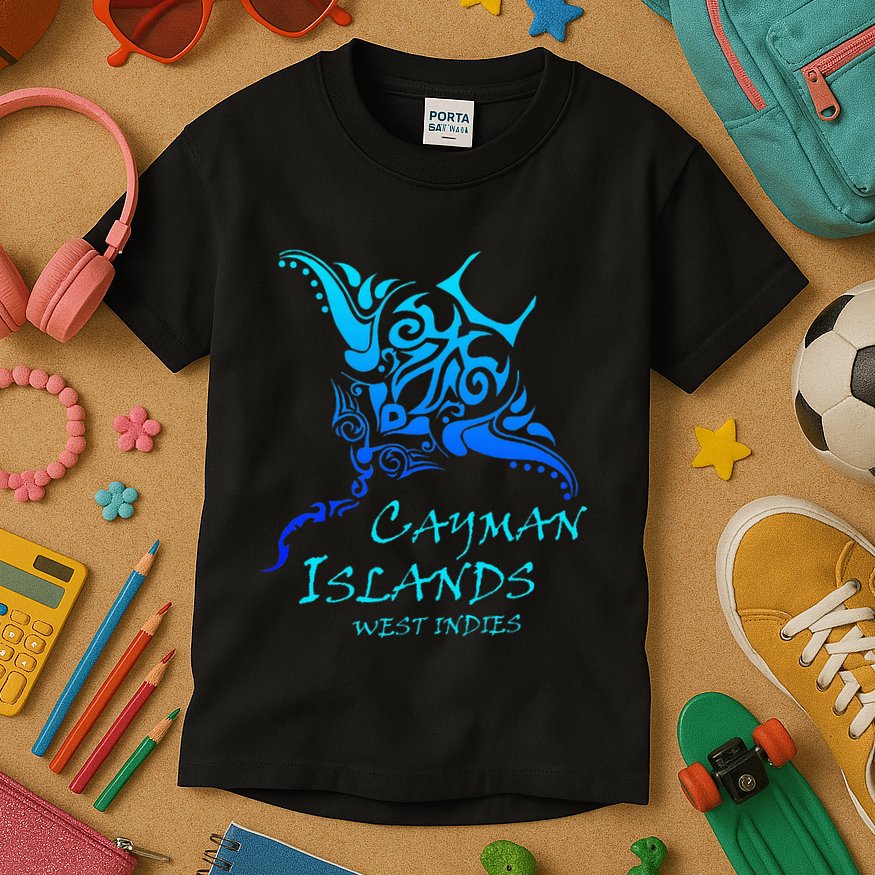 Cayman IslandsWest Indies Vintage Tribal Manta Ray Vacation Kids T-Shirt