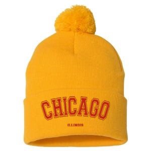 Chicago Illinois Il Red Letter Graphic On Chicago Pom Pom 12in Knit Beanie