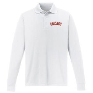 Chicago Illinois Il Red Letter Graphic On Chicago Performance Long Sleeve Polo