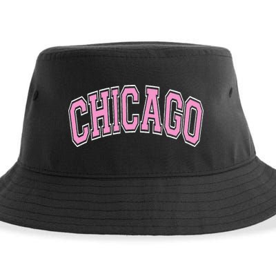 Chicago Illinois IL Varsity Style Pink Text Sustainable Bucket Hat