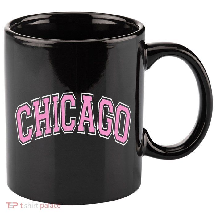 Chicago Illinois IL Varsity Style Pink Text 11oz C Handle Ceramic Mug