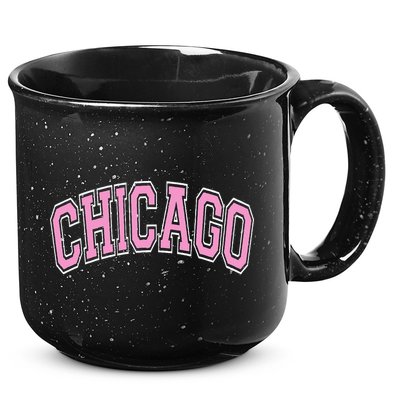 Chicago Illinois IL Varsity Style Pink Text 15oz Campfire Ceramic Mug