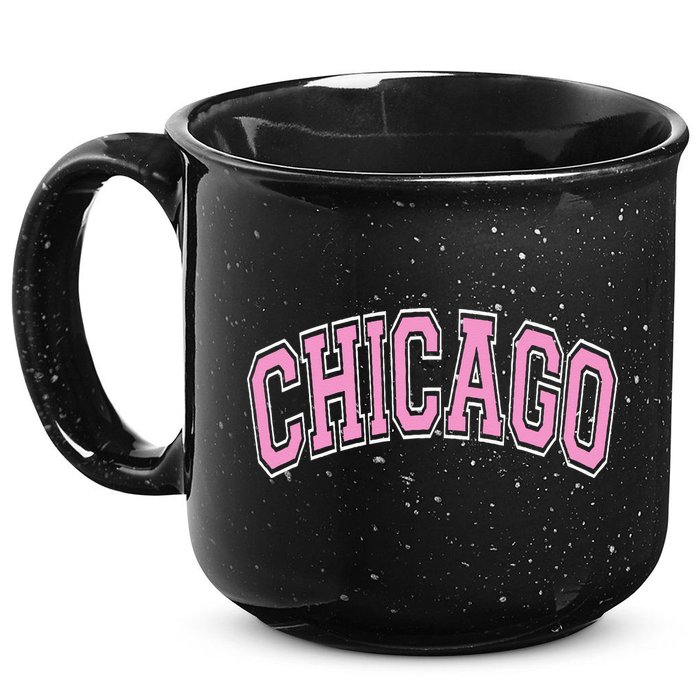 Chicago Illinois IL Varsity Style Pink Text 15oz Campfire Ceramic Mug