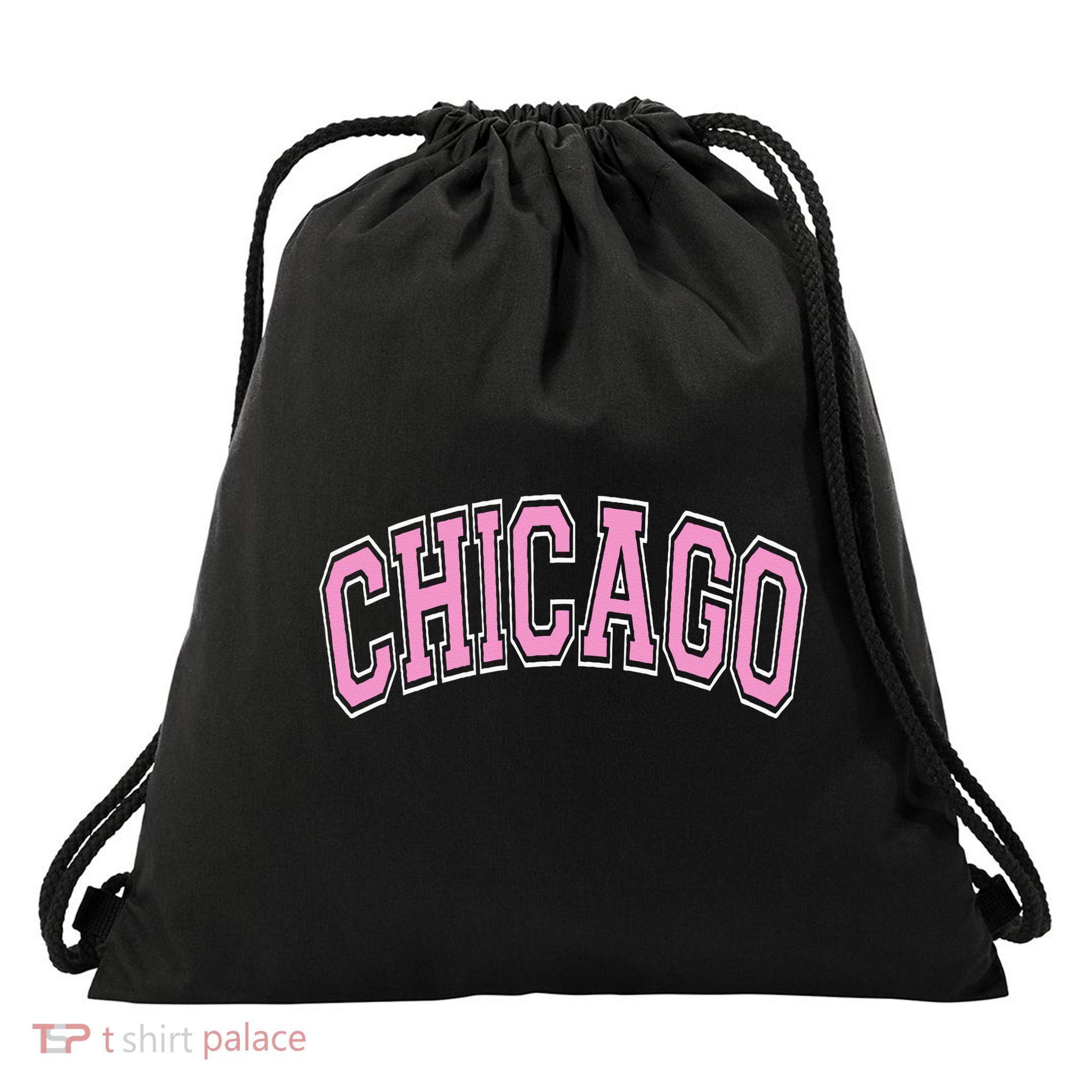 Chicago Illinois IL Varsity Style Pink Text Drawstring Bag