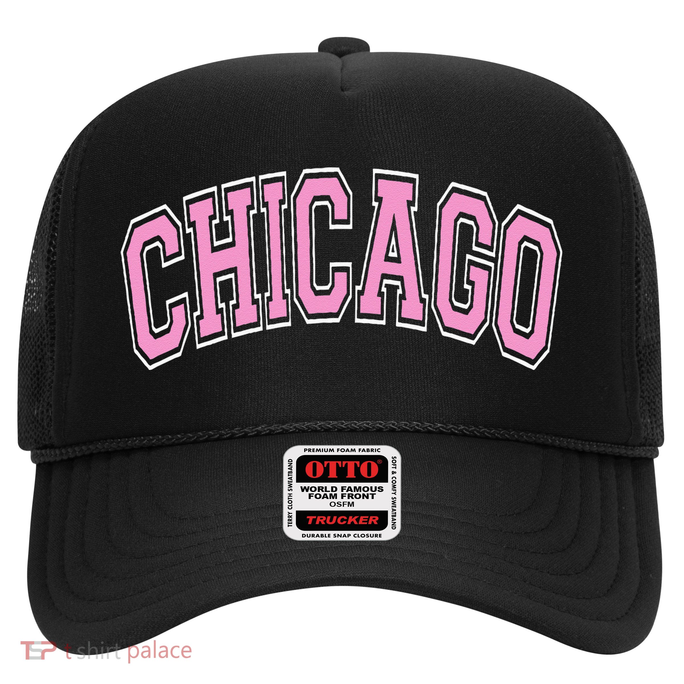 Chicago Illinois IL Varsity Style Pink Text Trucker Hat