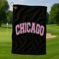 Chicago Illinois IL Varsity Style Pink Text Golf Towel