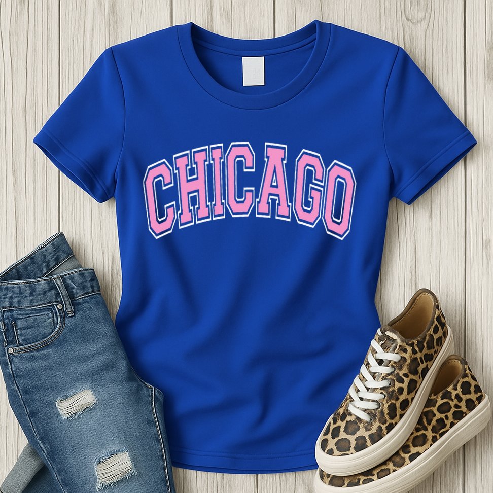Chicago Illinois IL Varsity Style Pink Text Womens T-Shirt