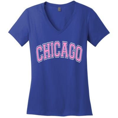 Chicago Illinois IL Varsity Style Pink Text Women's V-Neck T-Shirt